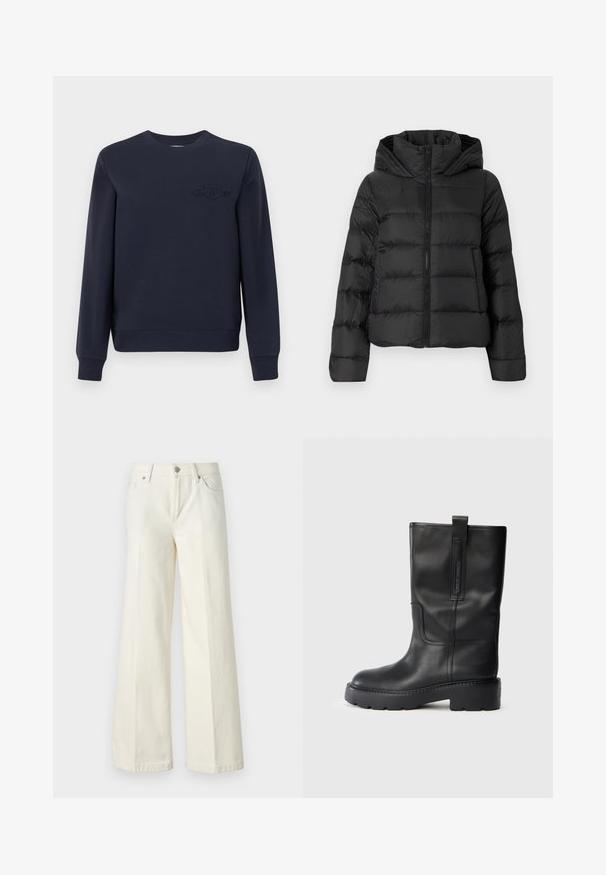 Black puffer jacket with a zip front and a hood. Features vertical quilted sections and elastic cuffs, made from a smooth, lightweight material.; Navy blue sweatshirt made of soft cotton with a round neckline, ribbed cuffs, and hem. Features an embroidered logo on the chest.; Wide-leg white jeans made from cotton blend fabric. Features a zipper fly, five-pocket design, and stitching along the seams.; Black leather knee-high boots with a sleek design, featuring a thick sole and a side pull tab for easy wear. Notable stitching accents.