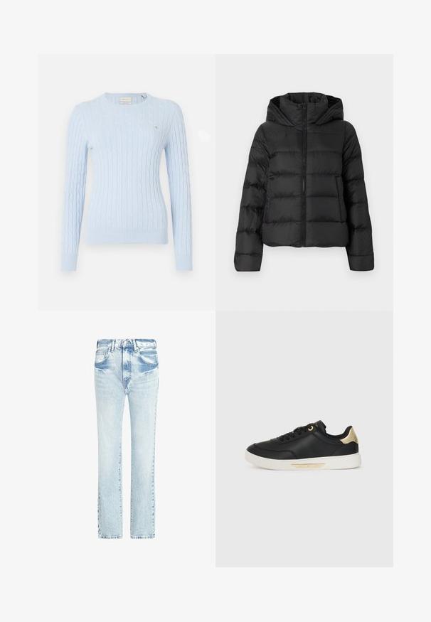 Mustmust jakk, millel on esimesest lukuga sulgemine ja kapuuts. Omab vertikaalseid tikandiosi ja elastseid mansette, valmistatud siledast ja kergest materjalist.; Hele sinine kaeluskudumiselse sweater pikade varrukatega, ümar kaelus ja soonilised mansetid. Ees on väike logo. Pehme tekstuur.; Heledad sinised teksapüksid otse jala kujundusega, viie taskuga ja pleekinud tekstuuriga. Omab nähtavaid õmblusi ja klassikalist nööbiga sulgemist.; Must have nahkapäkk, millel on sile tekstuur, valge kummitald, kuldsed aktsendid kanna ja silmade ümber, külgedel logo.