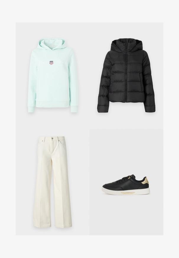 Fekete puffermellény cipzárral elöl és kapucnival. Jellemzője a függőleges steppelt részek és az elasztikus mandzsetták, sima, könnyű anyagból készült.; Mentazöld kapucnis pulóver, elülső kenguru zsebbel, bordázott mandzsettákkal és aljjal; vörös, fehér és kék kiemelésekkel rendelkező logo található rajta.; Bőszárú fehér farmernadrág pamut keverék anyagból. Cipzáras záródással, öt zsebes kialakítással és varrással a varratok mentén.; Fekete bőr sportcipő sima textúrával, fehér gumitalppal, arany részletekkel a saroknál és a fűzőlyukaknál, oldalt egy logóval.