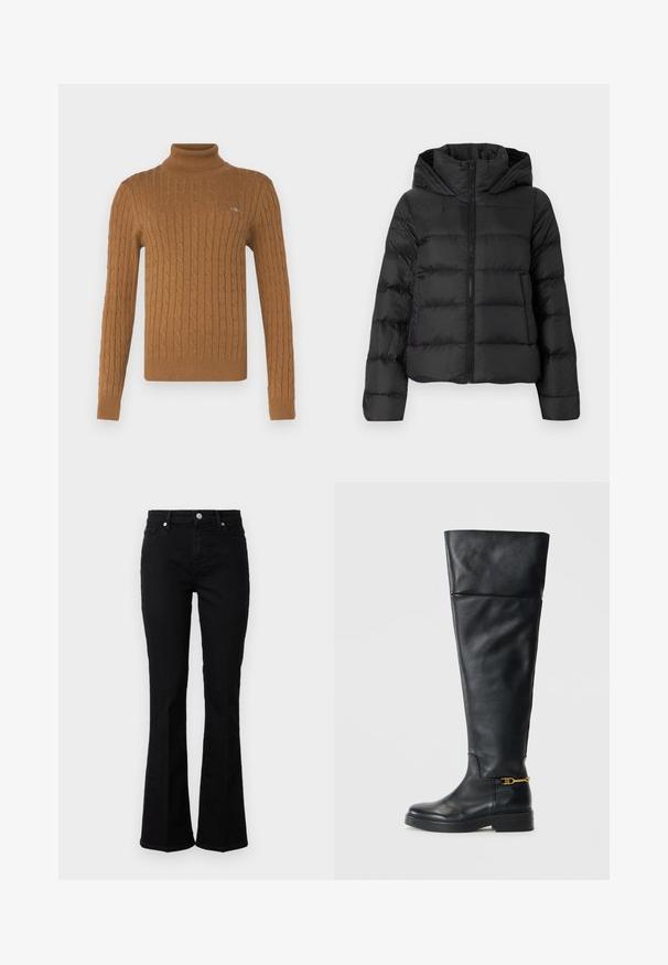 Sort puffjakke med lynlås foran og hætte. Har lodret quiltede sektioner og elastiske manchetter, lavet af et glat, let materiale.; GANT TURTLENECK - Striktrøje - cacao; Sorte flared jeans lavet af denim med en glat tekstur; har forlommer, lynlås og sølvmetal hardware.; Sorte læder støvler over knæet med et strømlinet design, rund tå, lav platform sål og guldsmykker nær anklen.