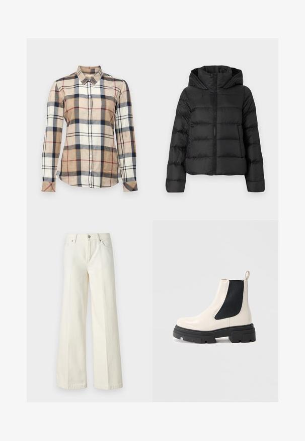 Fekete puffermellény cipzárral elöl és kapucnival. Jellemzője a függőleges steppelt részek és az elasztikus mandzsetták, sima, könnyű anyagból készült.; Klasszikus, hosszú ujjú, galléros ing bézs, krém és tengerészkék kockás mintával. Gombos záródással és különböző méretű négyzetekből készült, texturált anyaggal rendelkezik.; Bőszárú fehér farmernadrág pamut keverék anyagból. Cipzáras záródással, öt zsebes kialakítással és varrással a varratok mentén.; Krém színű bőr Chelsea csizma robusztus fekete talppal és fekete elasztikus oldalpanellel, sima fehér háttér előtt.