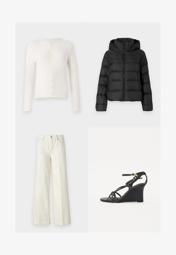 Giacca a vento nera con zip frontale e cappuccio. Presenta sezioni a trapunta verticale e polsini elasticizzati, realizzata in un materiale liscio e leggero.; Camicia a maniche lunghe color avorio con scollo a V, con bottoni davanti e una texture morbida e liscia. Design semplice, senza motivi né dettagli.; Jeans bianchi a gamba larga realizzati in tessuto misto cotone. Presentano una chiusura lampo, design a cinque tasche e cuciture lungo le cuciture.; Sandali wedge neri con sottili cinturini incrociati e una cinghia alla caviglia regolabile con una fibbia dorata. Finitura in pelle liscia.