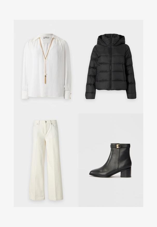 Melna pūka jaka ar rāvējslēdzēju priekšā un kapuci. Iespējas vertikālas quiltētas daļas un elastīgas piedurknes, izgatavota no gludas, vieglas materiāla.; Balta garām piedurknēm blūze ar krunkotām plecu daļām, norādītu apkakli, pogām aprīkotiem manšetēm un garu zelta ķēdi ar pušķu detaļu.; Platās kāju baltās džinsas, izgatavotas no kokvilnas maisījuma auduma. Tām ir rāvējslēdzēja josta, piecu kabatu dizains un šuvju izšuvumi gar šuvēm.; Melnas ādas potītes zābaki ar gludu tekstūru, noapaļota purngala forma un zelta tonī siksniņas akcenta sprādze uz potītes siksniņas. Bloku papēža dizains.