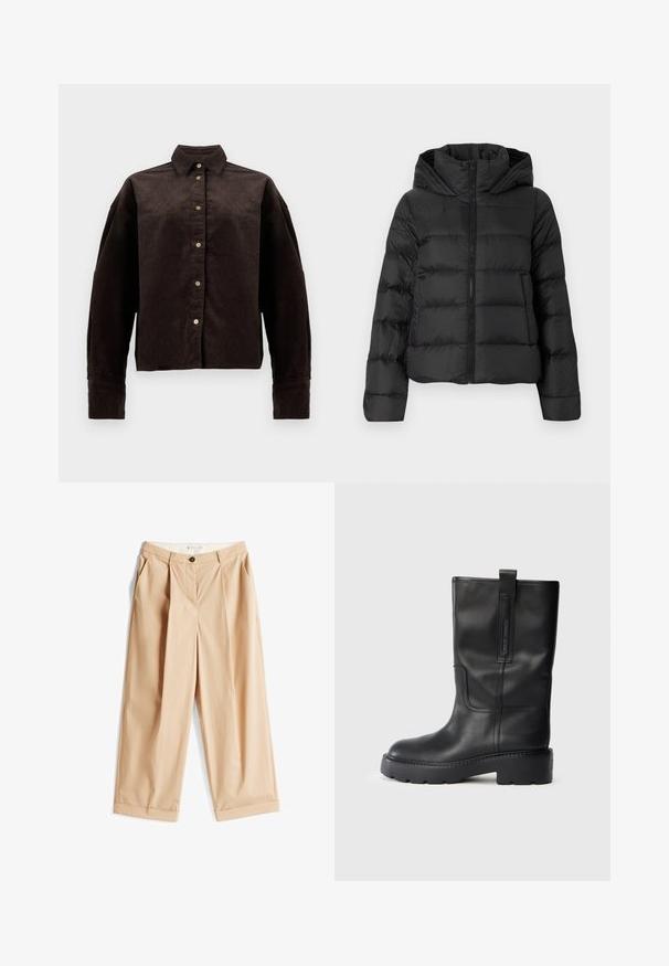 Jachetă pufată neagră cu fermoar în față și glugă. Prezintă secțiuni verticale quilted și manșete elastice, realizată dintr-un material neted și ușor.; Cămașă din catifea groasă de culoare maronie, cu guler, nasturi în față și mâneci lungi. Prezintă un material texturat și o croială ușor supradimensionată.; Pantaloni largi bej, confecționați dintr-un material ușor, cu pliuri frontale, închidere cu nasture și manșete răsucite. Textură netedă cu o croială ajustată.; Cizme din piele neagră, până la genunchi, cu un design elegant, având o talpă groasă și un mâner lateral pentru o purtare ușoară. Accente notabile de cusătură.
