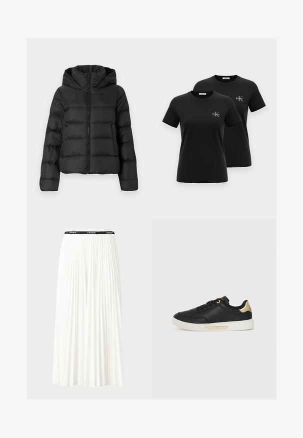 Crna puffer jakna s patentnim zatvaračem sprijeda i kapuljačom. Ima vertikalne kviltane detalje i elastične manžete, izrađena od glatkog, laganog materijala.; Dve crne kratke majice s okruglim izrezom i malim sivim logotipima "CK Calvin Klein" na lijevoj strani prsa, prikazane na bijeloj pozadini.; Nabrana bijela suknja s crnim elastičnim pojasom na kojem se nalazi logo "LACOSTE". Srednje dugačak dizajn s mekim teksturom.; Crne kožne tenisice s glatkom teksturom, bijela gumena potplata, zlatni akcenti na peti i rupama za vezivanje, s logotipom sa strane.
