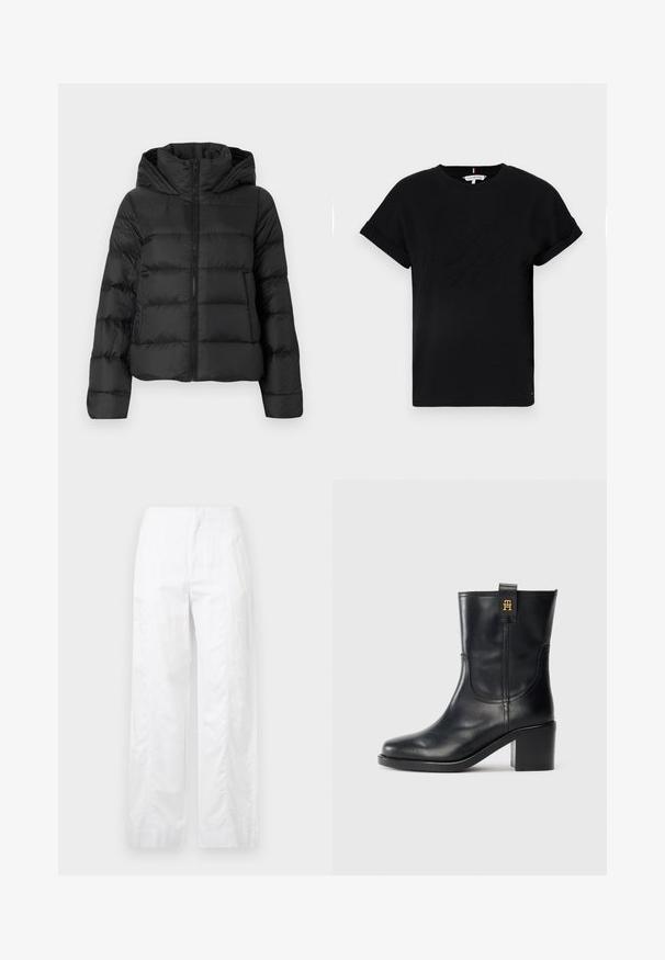 Mustmust jakk, millel on esimesest lukuga sulgemine ja kapuuts. Omab vertikaalseid tikandiosi ja elastseid mansette, valmistatud siledast ja kergest materjalist.; Mustmust särk, millel on rullitud lühikesed varrukad, keskosas on embosseeritud logo ja küljel väike lipu aktsent.; Valged laiad püksid, mis on valmistatud kergetest materjalidest, omades siledat tekstuuri, puhtaid jooni ja kõrget vöökohta.; Must musta keskmise säärtega saapad plokk-kandiga ja kuldse "TH" logoga tõmbeaukus valgel taustal.