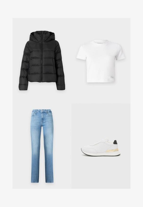 Doudoune noire avec fermeture éclair à l'avant et capuche. Caractéristiques des sections matelassées verticales et des poignets élastiques, fabriquée dans un matériau lisse et léger.; T-shirt blanc court en coton lisse, avec un col haut et des manches courtes. Petit logo brodé dans le coin inférieur.; Jean droit bleu clair en denim, avec un design classique à cinq poches et une taille cousue avec fermeture à bouton sur le devant.; Baskets blanches au fini lisse, avec un accent noir au niveau du talon et un détail métallique doré sur la semelle intermédiaire. Design à lacets, semelle en caoutchouc.