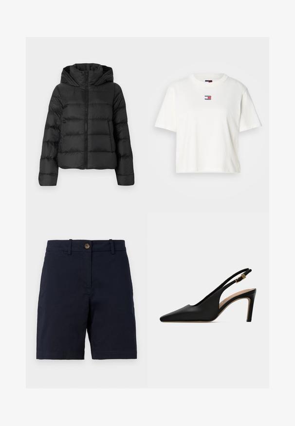 Doudoune noire avec fermeture éclair à l'avant et capuche. Caractéristiques des sections matelassées verticales et des poignets élastiques, fabriquée dans un matériau lisse et léger.; T-shirt en coton blanc avec un col rond et des manches courtes. Présente un petit logo coloré brodé avec des accents rouges, bleus et blancs sur la poitrine.; Shorts bleu marine en coton avec une fermeture à bouton, passants de ceinture et une coupe droite. Texture lisse sans motifs visibles.; Escarpin noir en cuir, à bout pointu et bride arrière ajustable avec boucle dorée, et semelle intérieure beige.