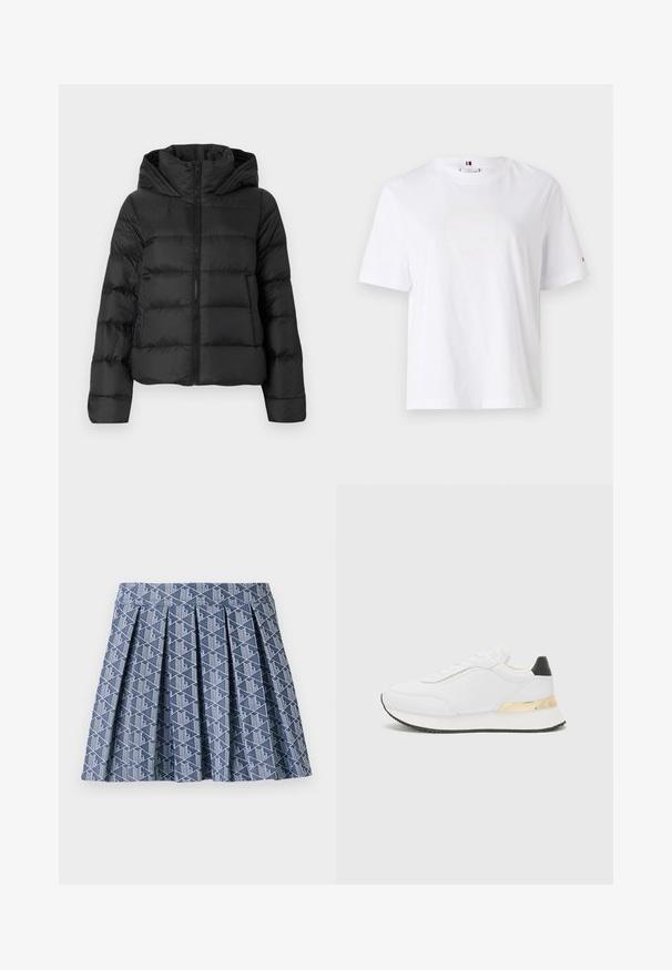 Černá péřová bunda se zipem vpředu a kapucí. Má vertikálně prošívané části a elastické manžety, vyrobená z hladkého, lehkého materiálu.; Bílý bavlněný tričko s kulatým výstřihem, krátkými rukávy a decentním žlutým logem s nápisem "HILFIGER NEW YORK 1985." Standardní střih.; Modrá plisovaná sukně s geometrickým bílým vzorem. Vyrobena z texturované látky s pevným pasem a vrstveným designem.; Bílé tenisky s hladkým povrchem, které mají černý akcent na patě a zlatý kovový detail na mezipodešvi. Design na zavazování, gumová podrážka.
