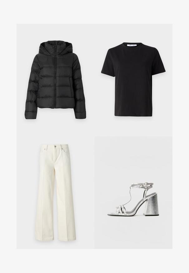 Melna pūka jaka ar rāvējslēdzēju priekšā un kapuci. Iespējas vertikālas quiltētas daļas un elastīgas piedurknes, izgatavota no gludas, vieglas materiāla.; Melna īsām piedurknēm T-kreklu, kas izgatavots no mīksta kokvilnas, ar apļveida kakla izgriezumu, brīvu piegriezumu un gludu tekstūru. Nav redzamu rakstu vai grafikas.; Platās kāju baltās džinsas, izgatavotas no kokvilnas maisījuma auduma. Tām ir rāvējslēdzēja josta, piecu kabatu dizains un šuvju izšuvumi gar šuvēm.; Sudraba papēžu sandales ar blokveida papēdi, kas aprīkotas ar plānām siksniņām un potītes sprādzi. Materiāls ir ar metāliski spīdīgu apdari un fakturētu izskatu.