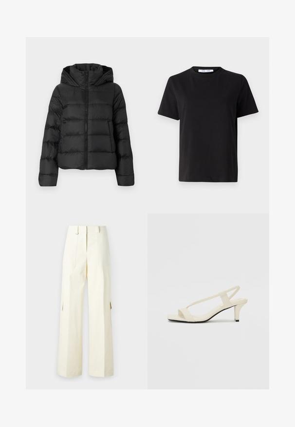 Black puffer jacket with a zip front and a hood. Features vertical quilted sections and elastic cuffs, made from a smooth, lightweight material.; Black short-sleeve t-shirt made of soft cotton, featuring a round neckline, relaxed fit, and a smooth texture. No visible patterns or graphics.; Wide-leg cargo pants in light cream fabric, featuring patch pockets, a high waist, and side slits for added detail and functionality.; Beige block-heeled sandals with thin straps and a square toe. Smooth material with minimal detailing, designed for easy wear.