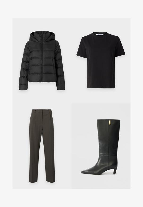 Schwarze Pufferjacke mit Reißverschluss und Kapuze. Sie verfügt über vertikale Steppnähte und elastische Bündchen und besteht aus einem glatten, leichten Material.; Schwarzes T-Shirt mit kurzen Ärmeln aus weicher Baumwolle, mit rundem Ausschnitt, lockerer Passform und glatter Textur. Keine sichtbaren Muster oder Grafiken.; Dunkelgraue Hose aus glattem Stoff, mit taillierter Passform, geradem Bein und minimalistischem Vorderfalten.; Schwarze Lederstiefelette bis zum Knie mit spitzem Zeh und kleinem Absatz. Hat ein elegantes Design mit goldenen Akzenten. Glatte Textur.