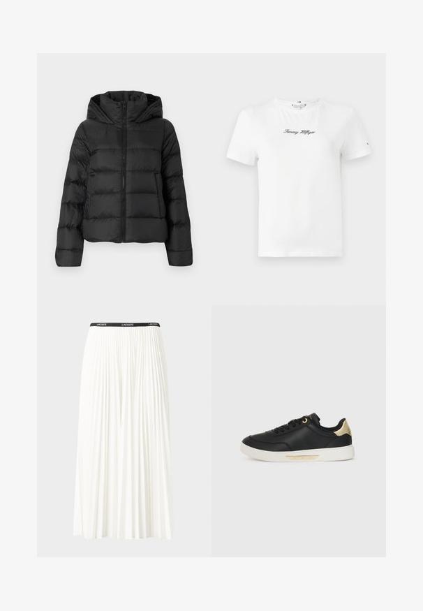 Sort puffjakke med lynlås foran og hætte. Har lodret quiltede sektioner og elastiske manchetter, lavet af et glat, let materiale.; Hvid bomulds T-shirt med korte ærmer og rund halsudskæring. Centreret sort broderet "Tommy Hilfiger" logo på brystet.; Plisseret hvid nederdel med en sort elastisk talje, der har "LACOSTE"-logoet. Mellemlang design med blød tekstur.; Sort lædersneaker med en glat overflade, hvid gummisål, guldaccenter på hælen og øjet, med et logo på siden.