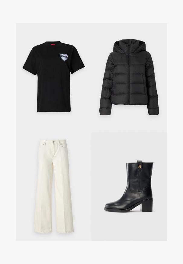 Casaco puffer preto com fecho éclair à frente e capuz. Apresenta secções verticais acolchoadas e punhos elásticos, feito de um material liso e leve.; Camiseta de algodão preta com decote redondo e mangas curtas, com um logótipo em forma de coração branco "HUGO" no lado esquerdo do peito.; Calças jeans brancas de perna larga, feitas de tecido de algodão misto. Apresentam fecho de correr, design de cinco bolsos e costura ao longo das costuras.; Bota de couro preta até à metade da panturrilha com salto bloco e logótipo dourado "TH" na pega, em fundo branco.