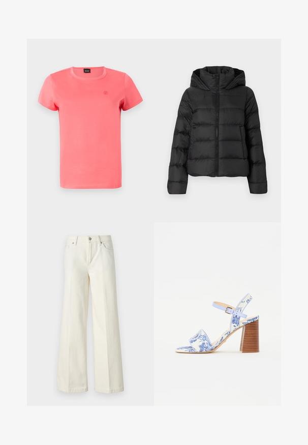 Jachetă pufată neagră cu fermoar în față și glugă. Prezintă secțiuni verticale quilted și manșete elastice, realizată dintr-un material neted și ușor.; Tricou cu mânecă scurtă, într-o nuanță vibrantă de corai, confecționat din bumbac moale, cu guler rotund și un mic broderie cu logo pe piept.; Blugi albi evazați dintr-o țesătură din bumbac. Prezintă un fermoar la braguă, un design cu cinci buzunare și cusături de-a lungul cusăturilor.; Sandale cu imprimeu floral albastru, cu vârf pătrat, o curea lată și o curea ajustabilă la gleznă, având un toc bloc din lemn texturat.