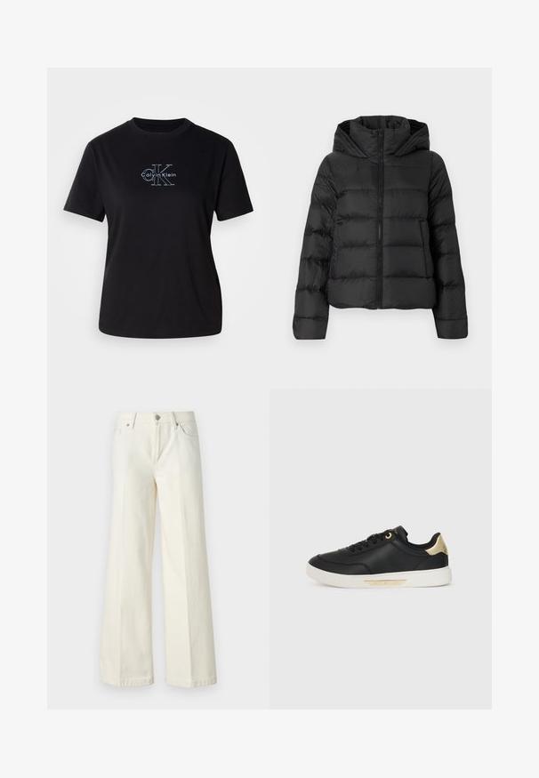 Mustat puhvitakki vetoketjukiinnityksellä ja hupulla. Ominaisuuksiin kuuluu pystysuorat tikkaukset ja elastiset hihansuut, ja se on valmistettu sileästä, kevyestä materiaalista.; Mustapaita, jossa on pyöreä kaula-aukko. Etuosassa on valkoinen graafinen logo "Calvin Klein" ja tyylitelty "CK". Lyhyet hihat, rento malli.; Valkoiset leveät farkut, jotka on valmistettu puuvillasekoitteesta. Ominaisuuksina vetoketjuluukku, viisi taskua ja ompeleet saumoissa.; Musta nahkakengät, joissa on sileä pinta, valkoinen kumipohja, kultaiset yksityiskohdat kantapäässä ja nauhoissa, sekä logo sivussa.