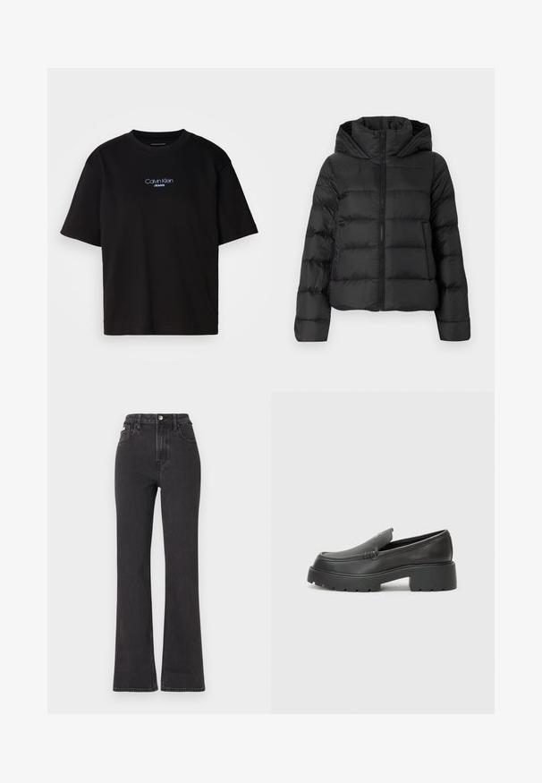 Fekete puffermellény cipzárral elöl és kapucnival. Jellemzője a függőleges steppelt részek és az elasztikus mandzsetták, sima, könnyű anyagból készült.; Fekete pamut póló kerek nyakkal, rövid ujjú, elöl kék hímzett "Calvin Klein JEANS" logóval.; Fekete, magas derekú, trapéz fazonú farmernadrág, gombos záródással, övrésszel és oldalsó zsebekkel. Sima textúrájú, minimális kopással.; Fekete bőr loafer cipők kerek orral, vastag, texturált talppal és minimális varrási részletekkel. Áramvonalas dizájn, látható fűzők vagy fém részek nélkül.