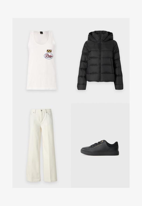 Čierna prešívaná bunda s predným zipsom a kapucňou. Má vertikálne prešívané sekcie a elastické manžety, vyrobená z hladkého, ľahkého materiálu.; Biele bavlnené tielko s okrúhlym výstrihom, zdobené dvoma vyšívanými nášivkami: štvorcom s karovaným vzorom a oválnou s nápisom "Pinko Garage".; Biele džínsy s širokými nohavicami vyrobené z bavlnenej zmesi. Majú zips, päť vreciek a švy so zafarbením.; Nízkopriemerné čierne kožené tenisky s čiernymi šnúrkami a zlatým logom "Tommy Hilfiger" na boku, plochou gumovou podrážkou a polstrovaným golierom.