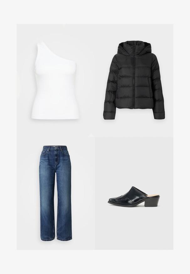Svart puffjakke med glidelås foran og hette. Har vertikale quiltede seksjoner og elastiske mansjetter, laget av et glatt, lett materiale.; Hvit one-shoulder tank topp laget av ribbestrikket stoff. Har en tettsittende fasong og glatt tekstur med et rent, minimalistisk design.; Videbens blå denimjeans med høy som er klassisk fem-lommers stil og subtile falming. Avsluttet med glidelås og knappefeste.; Sorte patentlær mules med spiss tå, en buet design og en lav blokkhæl som har dekorativ søm langs overdelen.
