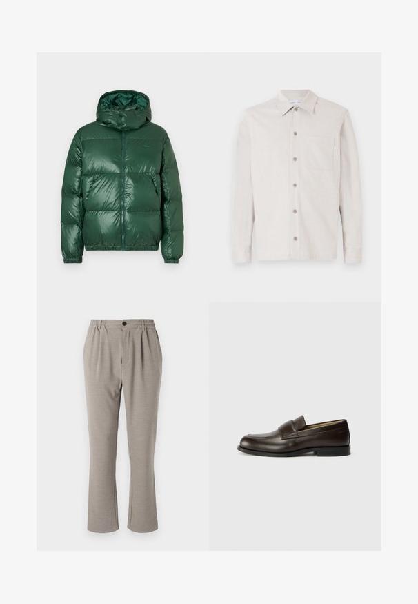 Casaco puffer verde com acabamento brilhante, apresentando uma capuz, fecho de correr, punhos elásticos e secções acolchoadas proeminentes para isolamento.; Camisa de botão bege clara com colarinho, mangas longas, um bolso no peito e tecido texturizado. Apresenta seis botões na parte da frente.; Calças cinzas claras com um ajuste descontraído, feitas de tecido macio, com uma cintura elástica, pregas e um fecho de botão único.; Calvin Klein Sapatos sem atacadores - cocoa brown