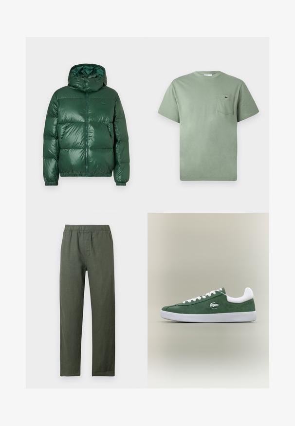 Zelena puffer jakna s sjajnom završnom obradom, s kapuljačom, zatvaranjem na rajsferšlus, elastičnim manžetama i istaknutim kvadrantima za izolaciju.; Svijetlozeleni pamučni T-shirt kratkih rukava s džepom na prsima i malim izvezenim logom krokodila.; Tamnozeleni, lagani laneni hlače s elastičnim strukom i ravnim nogavicama. Imaju prednju zakopčavanje bez vidljivih džepova.; Niske zelene suede tenisice s bijelim vezicama, bijelim potplatom, podstavljenim ovratnikom i vezom s robotom krokodilom i natpisom "EST. 1933".