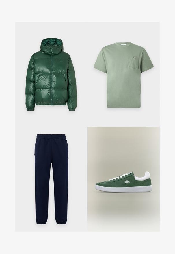 Zeleno puhovko z leskasto finišom, ki ima kapuco, zadrgo, elastične manšete in izrazite šivane dele za izolacijo.; Svetlozelena kratkosleeva bombažna majica z žepom na prsih, okrašena z majhnim vezenim krokodilom.; Temno modri trenirki z elastičnim pasom in manšetami, ravne nogavice, prikazane na enotni svetli ozadju.; Nizkoprofilni zeleni suedenih športni copati z belimi vezalkami, belim podplatom, oblazinjenim ovratnikom in izvezenim logojem krokodila z besedilom "EST. 1933".