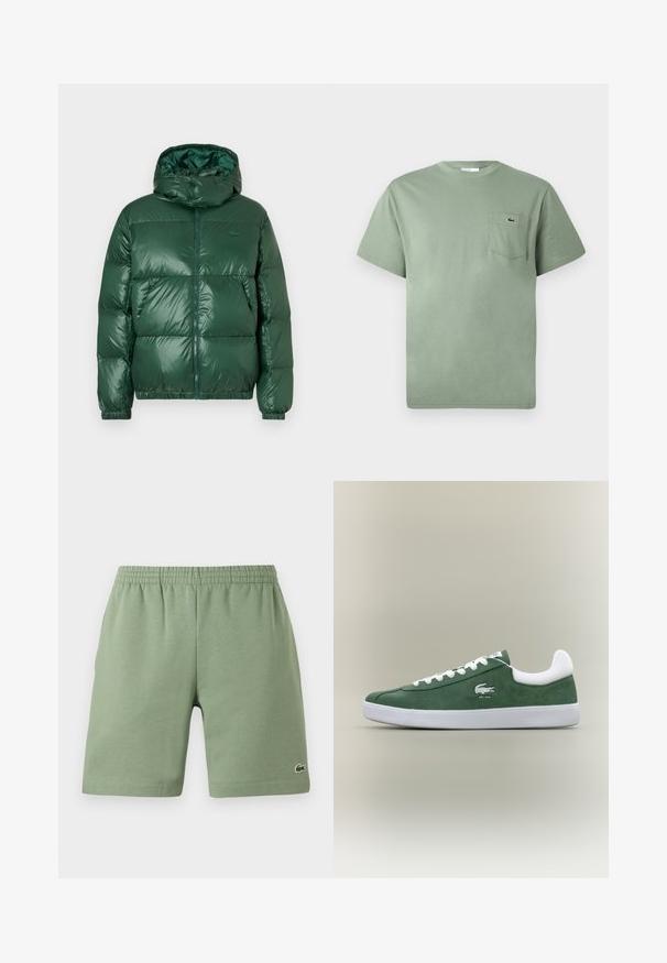 Giacca a vento verde con finitura lucida, dotata di cappuccio, chiusura con zip, polsini elasticizzati e sezioni trapuntate prominenti per l'isolamento.; T-shirt corto a maniche corte in cotone verde chiaro con taschino sul petto e piccolo logo di coccodrillo ricamato.; Pantaloni corti in cotone verde con vita elasticizzata, vestibilità comoda e un piccolo logo ricamato sul lato sinistro in basso. Texture liscia, senza tasche.; Sneaker verde scamosciato a profilo basso con lacci bianchi, suola bianca, collo del tallone imbottito e logo di coccodrillo ricamato con la scritta "EST. 1933".
