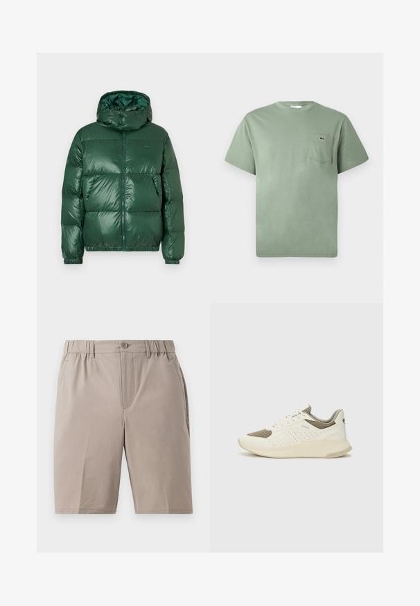 Žalias pūkinis švarkas su blizgiu paviršiumi, turintis gobtuvą, užtrauktuką, elastines rankogalius ir išsiskiriančias siuvimo sections izoliacijai.; Šviesiai žalia trumpomis rankovėmis medvilninė marškinėliai su krūtinės kišene, kurią puošia mažas išsiuvinėtas krokodilo logotipas.; Šviesiai rudos šortai, pagaminti iš lengvos medžiagos. Su elastine juosta, užsegimu mygtuku ir šoninėmis kišenėmis. Lygi tekstūra, kelio ilgio kirpimas.; Baltas ir šviesiai bežinis sportinis kedas, su tinklo viršumi, perforuotais detalėmis ir tekstūruotu tarpine su logotipu ant kulno.