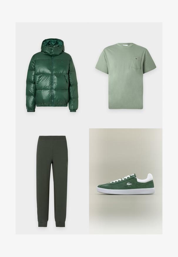 Groene pufferjas met een glanzende afwerking, voorzien van een capuchon, ritsluiting, elastische manchetten en opvallende gestikte delen voor isolatie.; Lichtgroene katoenen T-shirt met korte mouwen en een borstzak, voorzien van een klein geborduurd krokodillenlogo.; Groene joggingbroek met elastische tailleband en manchetten, met een gladde textuur en een tonale logodetail op de linker dij.; Laagprofiel groene suede sneaker met witte veters, witte zool, gevoerde enkelkraag en geborduurd krokodillenlogo met de tekst "EST. 1933".