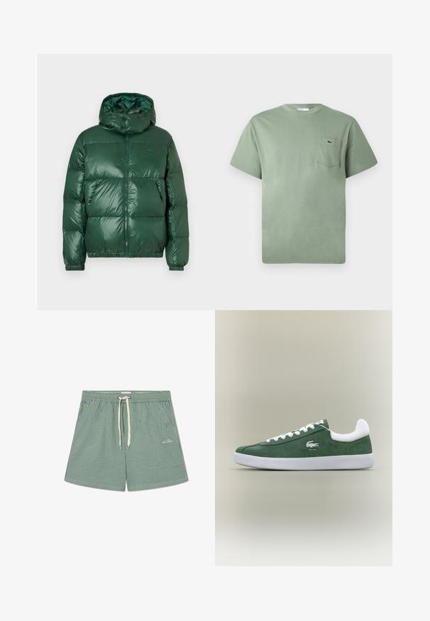 Roheline puffjakk, millel on läikiv viimistlus, kapuuts, tõmblukk, elastsed mansetid ja silmatorkavad õmmeldud osad isolatsiooni jaoks.; Heledane lühikeste varrukatega puuvillane T-särk rinna taskuga, millel on väike kangast krokodilli logo.; Roheline ja valge triibuline ujumispüksid, elastse vöökoha, reguleeritava nööriga ja väikese logoga alumisel vasakul küljel.; Madala profiiliga roheline sametist tennis, valgete paelte ja valge tallaga, pehmendatud kannakollari ja brodeeritud krokodillilogo tekstiga "EST. 1933".