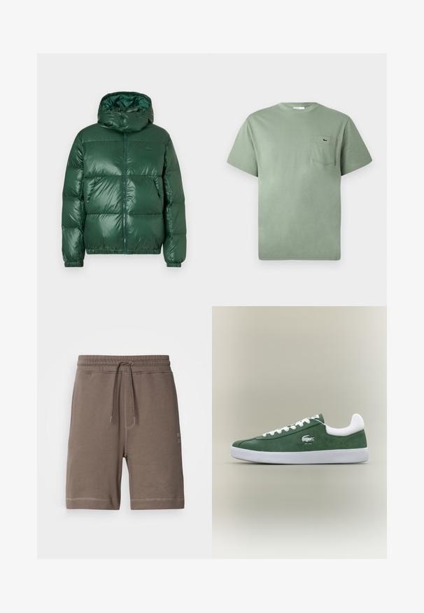 Zeleno puhovko z leskasto finišom, ki ima kapuco, zadrgo, elastične manšete in izrazite šivane dele za izolacijo.; Svetlozelena kratkosleeva bombažna majica z žepom na prsih, okrašena z majhnim vezenim krokodilom.; Krtački šortsi iz smeše pamuka, s elastičnim pojasom, podesivom vezicom i bočnim džepovima. Imaju kontrastne šavove i oznaku s logotipom.; Nizkoprofilni zeleni suedenih športni copati z belimi vezalkami, belim podplatom, oblazinjenim ovratnikom in izvezenim logojem krokodila z besedilom "EST. 1933".