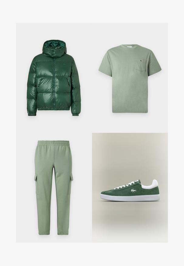 Zaļš pūkains žakets ar spīdīgu apdari, kurā ir kapuce, rāvējslēdzis, elastīgas aproces un izteiksmīgas izšūtas sekcijas siltuma saglabāšanai.; Gaiši zaļš īsām piedurknēm kokvilnas T-krekls ar krūšdaļas kabatu, uz kuras ir mazs izšūts krokodila logotips.; Gaiši zaļi sporta bikses ar elastīgu jostu, sašaurinātiem bikšu galiem un divām sānu kabatām. Izgatavotas no mīksta, elpojoša auduma.; Zema profila zaļie zamša sporta apavi ar baltām šņorēm, baltu zoli, polsterētu papēža apkakli un izšūtu krokodila logo ar tekstu "EST. 1933".