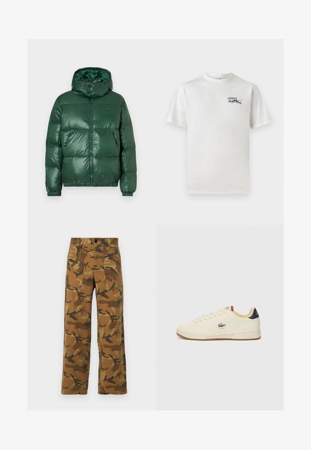 Roheline puffjakk, millel on läikiv viimistlus, kapuuts, tõmblukk, elastsed mansetid ja silmatorkavad õmmeldud osad isolatsiooni jaoks.; Valge puuvillane T-särk ümmarguse kaelusega, lühikeste varrukatega ja väikese tikandiga logoga, millel on mäed ja tekst vasakul rinnal.; Kamasooline cargo püksid pruunides ja rohelises toonis, valmistatud kerge materjaliga, millel on neli taskut ja nööp sulgemine.; Lacoste'i tossud kreemjas nahas, millel on tekstureeritud viimistlus. Omavad kummist talla, nööbitehnikat, mereväe sinist kannaosa ja kirjaõmblustega logo.