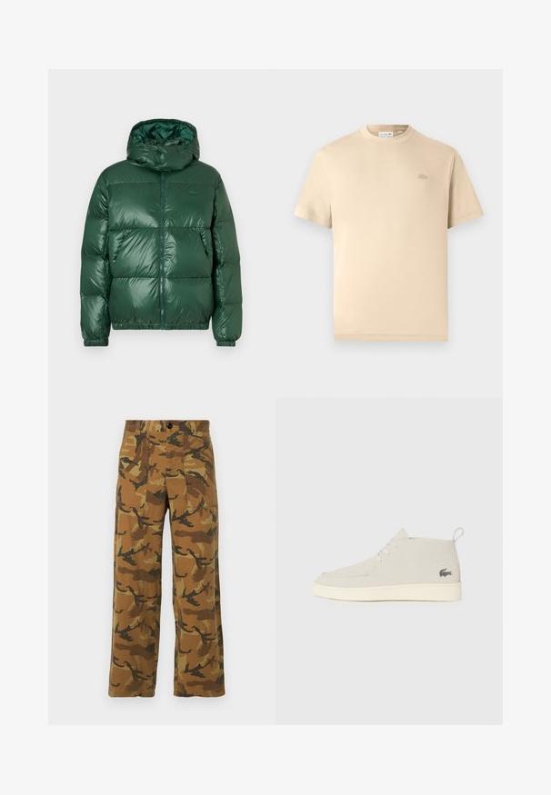 Geacă de puf verde cu un finisaj lucios, având glugă, închidere cu fermoar, manșete elastice și secțiuni quilted proeminente pentru izolație.; Lacoste Tricou basic - viennese; Pantaloni cargo cu model camuflaj în nuanțe de brown și verde, dintr-un material ușor, având patru buzunare și închidere cu buton.; Bojë gri deschis, ghetuțe din suede până la gleznă, cu vârful rotund, talpă din cauciuc alb și detalii subtile cu logo pe lateral. Dispune de închidere cu șiret.