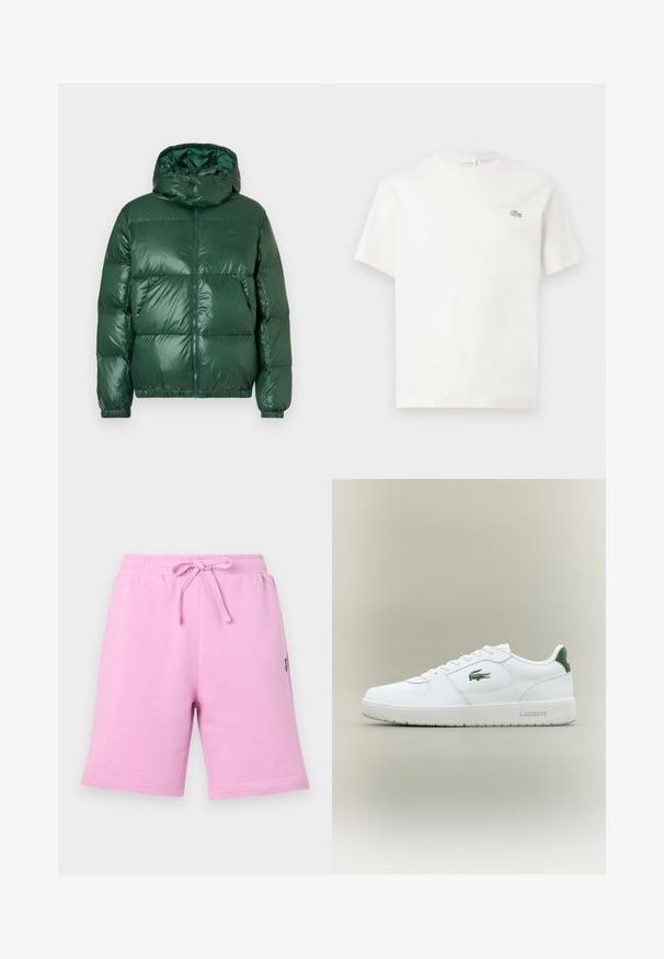 Zelená nafukovací bundu s lesklým povrchem, která má kapucu, zipové zapínání, elastické manžety a výrazně prošívané části pro izolaci.; Bílá bavlněná tričko s krátkými rukávy, s jemně vyšitým logem a minimalistickým designem. Měkká textura, kulatý výstřih.; Růžové bavlněné šortky s elastickým pasem a nastavitelnou šňůrkou. Obsahují boční kapsu a malý detail loga.; Bílé kožené tenisky s hladkým povrchem, zelenými akcenty na patě a zeleným logem na boku. Mají plochou podrážku a kulatou špičku.