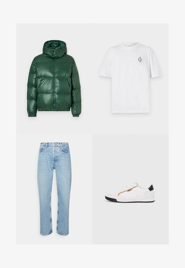 Zelená nafukovací bundu s lesklým povrchem, která má kapucu, zipové zapínání, elastické manžety a výrazně prošívané části pro izolaci.; Bílý bavlněný tričko s volným střihem, které má malé černé grafické logo na levé straně hrudi. Krátké rukávy, kulatý výstřih.; Světle modré džíny z denimu se rovnými nohavicemi, vysokým pasem, designem s pěti kapsami a viditelnými stehy na švech a lemech.; Bílé sportovní boty s akcenty z meshe a kůže. Mají zlaté logo "BOSS", texturované boční panely a černý podpatek. Gumová podrážka.