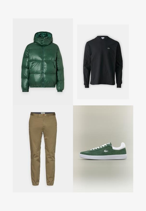 Doudoune verte à finition brillante, avec capuche, fermeture éclair, poignets élastiques et sections matelassées proéminentes pour l'isolation.; T-shirt noir à manches longues en coton, avec un col rond et un petit logo de crocodile brodé vert sur la poitrine gauche.; Chinos kaki en mélange de coton, design slim fit avec une texture lisse, dotés d'un bouton marron et de détails tissés à la taille.; Baskets en suède vert à profil bas avec lacets blancs, semelle blanche, col de talon rembourré et logo crocodile brodé avec le texte "EST. 1933".
