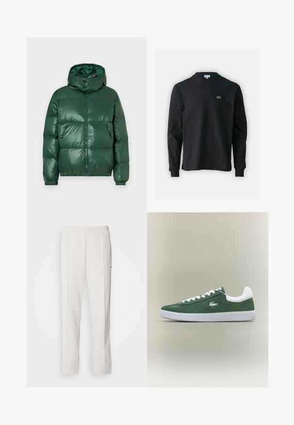 Zelená nafukovací bundu s lesklým povrchem, která má kapucu, zipové zapínání, elastické manžety a výrazně prošívané části pro izolaci.; Černé dlouhé rukávy triko vyrobené z bavlny, s kulatým výstřihem a malým zeleným vyšitým logem krokodýla na levé hrudi.; Lacoste Teplákové kalhoty - hammam; Nízkoprofilové zelené semišové tenisky s bílými tkaničkami, bílou podrážkou, polstrovaným límcem kolem paty a vyšívaným logem krokodýla s textem "EST. 1933".