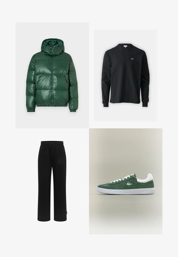 Chaqueta de puff verde con un acabado brillante, que cuenta con capucha, cierre de cremallera, puños elásticos y secciones acolchadas prominentes para aislamiento.; Camiseta de manga larga negra de algodón, con escote redondo y un pequeño logo de cocodrilo bordado en verde en el lado izquierdo del pecho.; Pantalones jogger negros confeccionados en tela suave, con un diseño de pierna ancha, cintura elástica y un parche de logo texturizado en el bolsillo frontal.; Zapatilla baja de ante verde con cordones blancos, suela blanca, collar de talón acolchado y logotipo de cocodrilo bordado con el texto "EST. 1933".
