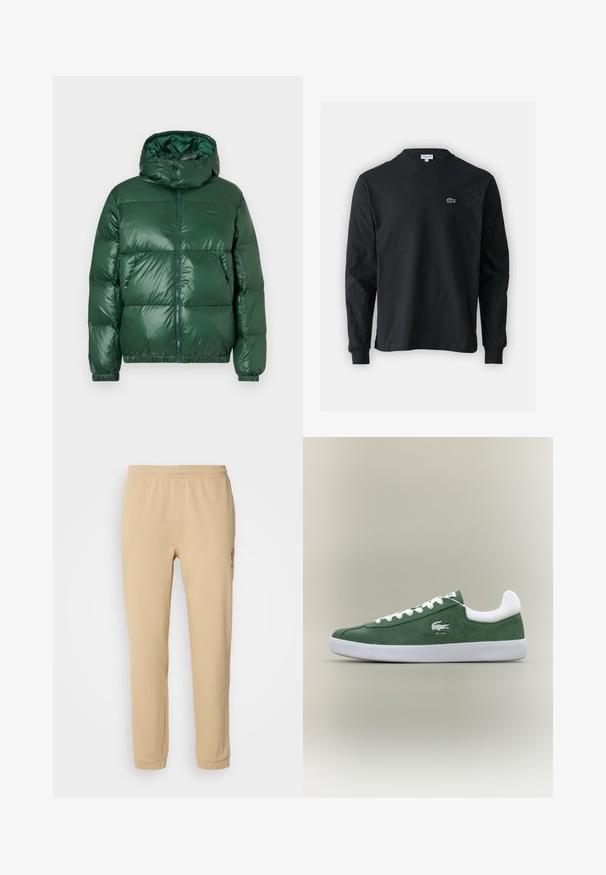 Grüne Daunenjacke mit glänzender Oberfläche, ausgestattet mit Kapuze, Reißverschluss, elastischen Bündchen und auffälligen gesteppte Bereichen zur Isolierung.; Schwarzes Langarm-T-Shirt aus Baumwolle, mit Rundhalsausschnitt und einem kleinen grünen, gestickten Krokodil-Logo auf der linken Brust.; Beige Baumwoll-Sweatpants mit elastischem Bund, schmal zulaufendem Bein und seitlichem Stickdetail, die eine weiche Textur und ein einfaches Design aufweisen.; Niedrig geschnittene grüne Wildleder-Sneaker mit weißen Schnürsenkeln, weißer Sohle, gepolstertem Fersenkragen und gesticktem Krokodil-Logo mit dem Text "EST. 1933".