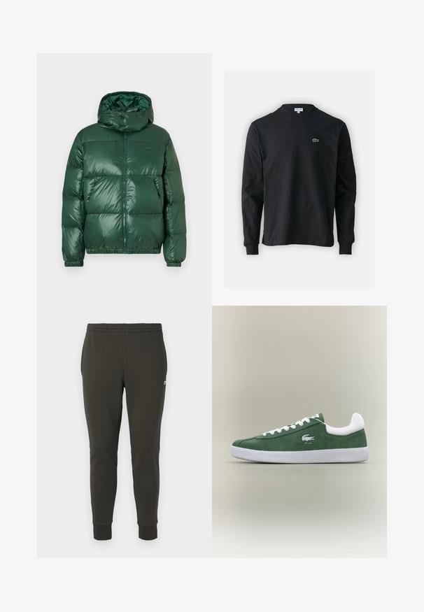 Casaco puffer verde com acabamento brilhante, apresentando uma capuz, fecho de correr, punhos elásticos e secções acolchoadas proeminentes para isolamento.; Camisola preta de manga longa feita de algodão, com decote redondo e um pequeno logótipo de crocodilo bordado em verde no lado esquerdo do peito.; Calças de treino verde-escuras feitas de um tecido suave, com um cós elástico, punhos canelados e um pequeno logótipo na lateral.; Sapatilha verde em camurça de perfil baixo com atacadores brancos, sola branca, colarinho acolchoado e logotipo de crocodilo bordado com o texto "EST. 1933".