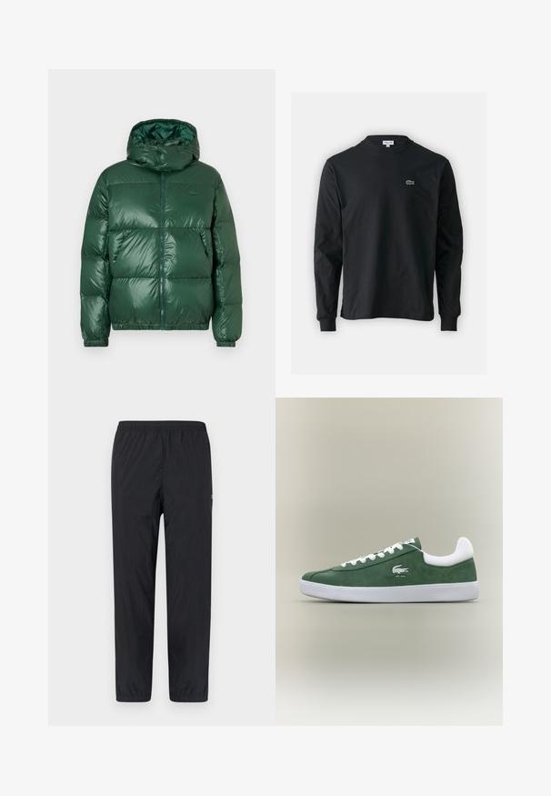 Zeleno puhovko z leskasto finišom, ki ima kapuco, zadrgo, elastične manšete in izrazite šivane dele za izolacijo.; Črna dolgi rokavi majica iz bombaža, z okroglim ovratnikom in majhnim zelenim vezenim logotipom krokodila na levem prsnem delu.; Črne, lahke hlače z elastičnim pasom in zoženimi nogami ter minimalno teksturo. Imajo stranske šive in majhen logo na levi nogi.; Nizkoprofilni zeleni suedenih športni copati z belimi vezalkami, belim podplatom, oblazinjenim ovratnikom in izvezenim logojem krokodila z besedilom "EST. 1933".