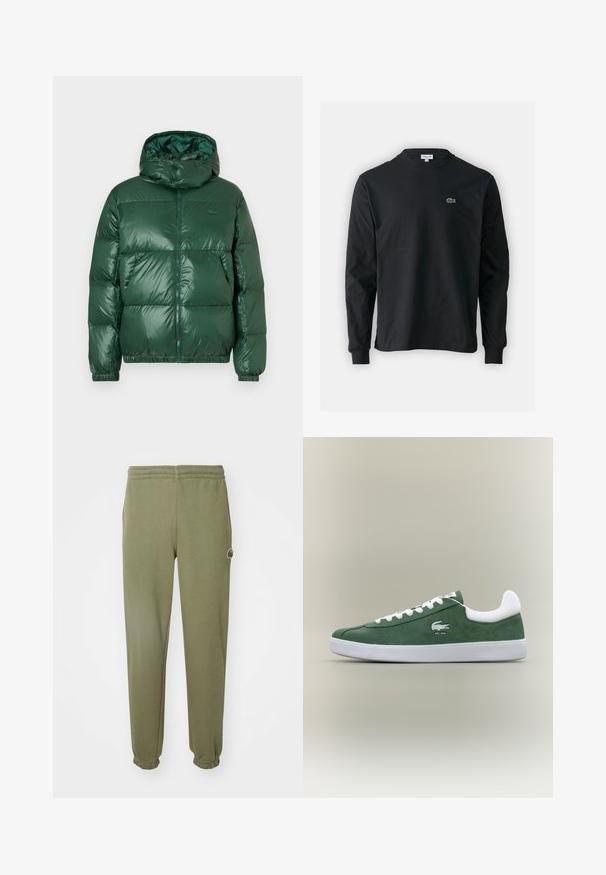 Zielona kurtka puchowa o błyszczącej powierzchni, z kapturem, zapięciem na zamek błyskawiczny, elastycznymi mankietami oraz wyraźnie widocznymi pikowanymi sekcjami dla zapewnienia izolacji.; Czarna koszulka z długim rękawem, wykonana z bawełny, z okrągłym dekoltem i małym haftowanym logo krokodyla w kolorze zielonym po lewej stronie klatki piersiowej.; Oliwkowe dresy wykonane z miękkiego materiału, z elastycznym pasem i mankietami, z małym logo marki na udzie.; Niskoprofilowy zielony zamszowy sneaker z białymi sznurowadłami, białą podeszwą, wyściełanym kołnierzem pięty oraz haftowanym logo krokodyla z napisem "EST. 1933".