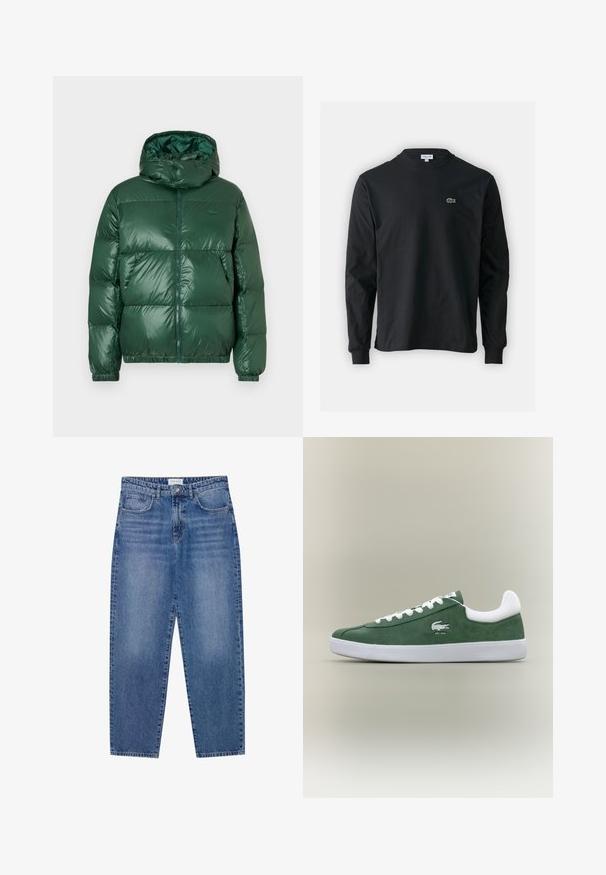 Roheline puffjakk, millel on läikiv viimistlus, kapuuts, tõmblukk, elastsed mansetid ja silmatorkavad õmmeldud osad isolatsiooni jaoks.; Must musta särk pikad varrukad, valmistatud puuvillast, ümar kaelus ja vasakul rinnal väike rohelise värvi tikandiga krokodillilogoga.; Sinine denimpüksid kõrge vöökoht, sirge jala disain ja kulunud viimistlus. Omab viit taskut ja nööbikinnitust.; Madala profiiliga roheline sametist tennis, valgete paelte ja valge tallaga, pehmendatud kannakollari ja brodeeritud krokodillilogo tekstiga "EST. 1933".