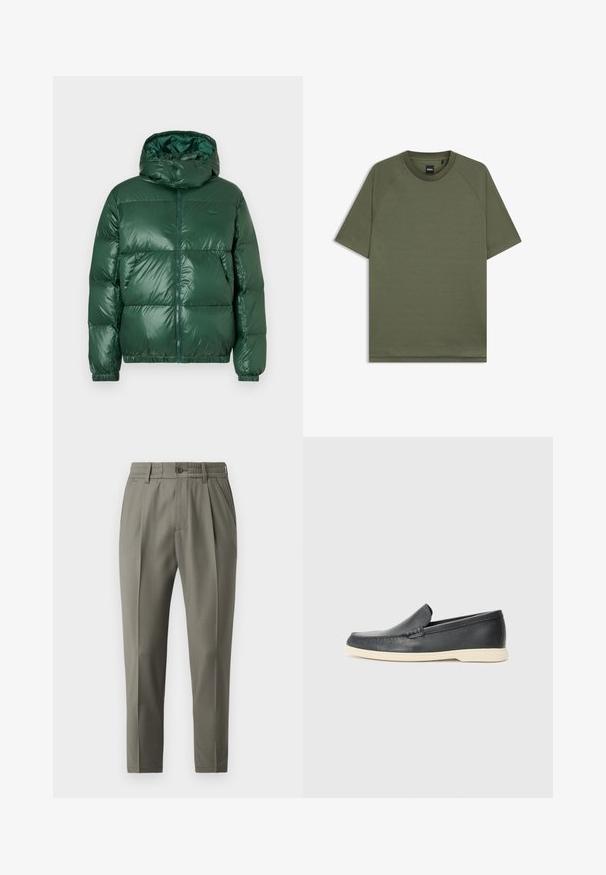 Green puffer jacket with a glossy finish, featuring a hood, zip closure, elastic cuffs, and prominent quilted sections for insulation.; Plain olive green short-sleeve T-shirt with crew neck and raglan sleeves, featuring a small black "BOSS" label inside the collar.; Beige tailored trousers with a straight-leg cut, featuring a button closure, pleats at the front, and an elastic waistband for comfort.; Black leather slip-on loafers with a textured finish and a contrasting beige rubber sole. Features a subtle accent along the front.