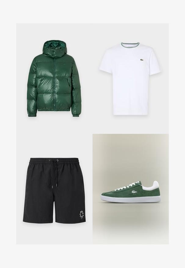 Zelená nadýchaná bunda s lesklým povrchom, vybavená kapucňou, zipsom, elastickými manžetami a výrazne prešívanými časťami na zateplenie.; Biela bavlnená tričko s krátkym rukávom a rebrovaným golierom s zelenými a čiernymi pruhmi; malá zelená vyšitá logo na ľavej hrudi.; Čierne plavky z ľahkého materiálu. Elastický pás so šnúrkou a striebornými koncami. Logo vytlačené v bielej farbe v dolnom ľavom rohu.; Malo profilovú zelenú semišovú tenisku s bielymi šnúrkami, bielou podrážkou, polstrovaným zadoškom a vyšitým logom krokodíla s textom "EST. 1933".