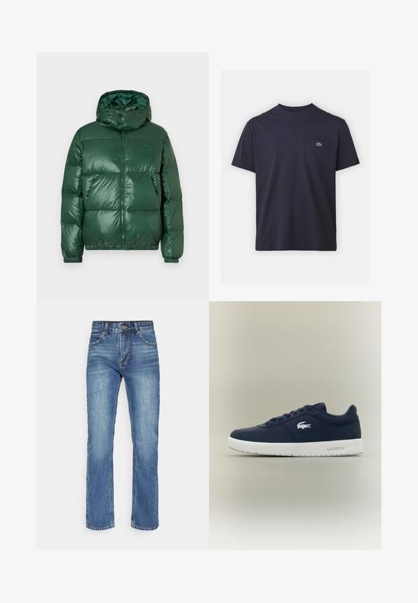 Zelená nadýchaná bunda s lesklým povrchom, vybavená kapucňou, zipsom, elastickými manžetami a výrazne prešívanými časťami na zateplenie.; Námornícky modré bavlnené tričko s okrúhlym výstrihom a krátkymi rukávmi. Obsahuje malé zelené logo na ľavej strane vrecka na prsiach. Mäkká textúra.; Modré denimové nohavice s rovnou nohavicou, s vyváženým zipsom, gombíkovým zapínaním a piatimi vreckami, s vyblednutým umývaním.; Námorné modré tenisky vyrobené z hladkého syntetického materiálu, s bielou gumovou podrážkou, šnurovacím designom a logom krokodíla Lacoste na boku.