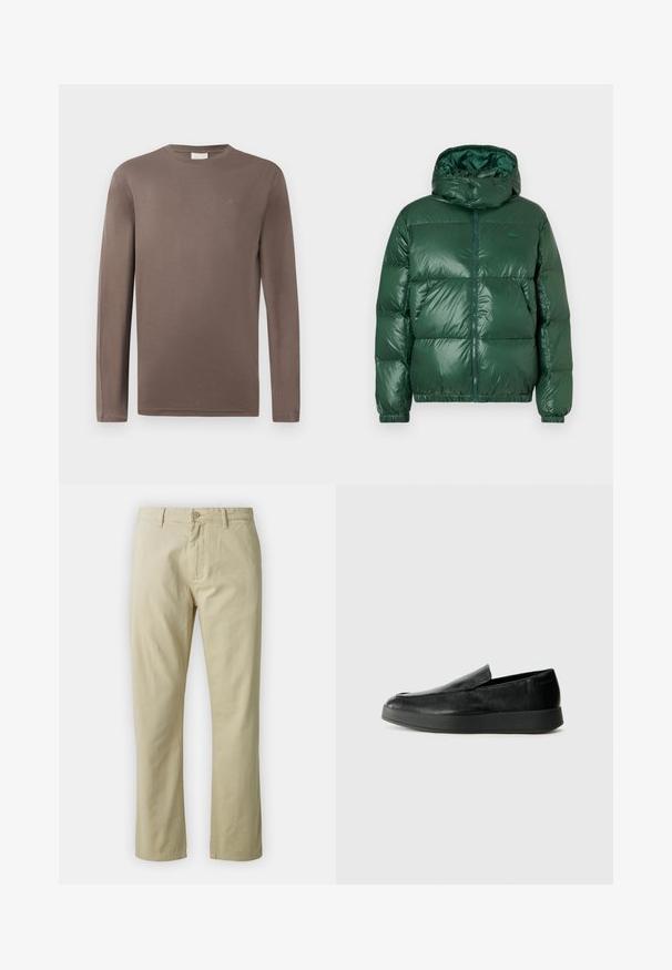 Roheline puffjakk, millel on läikiv viimistlus, kapuuts, tõmblukk, elastsed mansetid ja silmatorkavad õmmeldud osad isolatsiooni jaoks.; Pika pika käistega pruun puuvillane T-särk ümmarguse kaelusega; peal on väike logo rinnal ja see on sileda, kerge tekstuuriga.; Beezid puuvillased püksid sirge sääre kujundusega, esitasku nuppude sulgemise ja vööde abil. Sile tekstuur, ilma nähtavate mustrite või aktsentideta.; Calvin Klein HYBRID CUP - Jalga libistatavad jalanõud - triple black