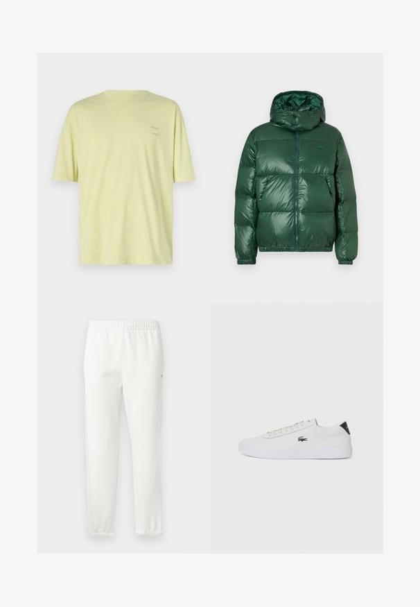 Roheline puffjakk, millel on läikiv viimistlus, kapuuts, tõmblukk, elastsed mansetid ja silmatorkavad õmmeldud osad isolatsiooni jaoks.; Kerge kollane puuvillane t-särk lühikeste varrukatega, ümar kaelus ja kaks väikest "SAMSØE" logo trükitud vasakule ülanurka.; Valged puuvillased dressipüksid elastse vöökoha ja kitsenevate säärega. Küljel on väike logo detail. Pehme tekstuur, minimaalne disain.; Valge nahast tenniseking ümara ninaga, lukkude ja musta kontsa aktsendiga. Külgedel on väike broderi krokodilli logo.