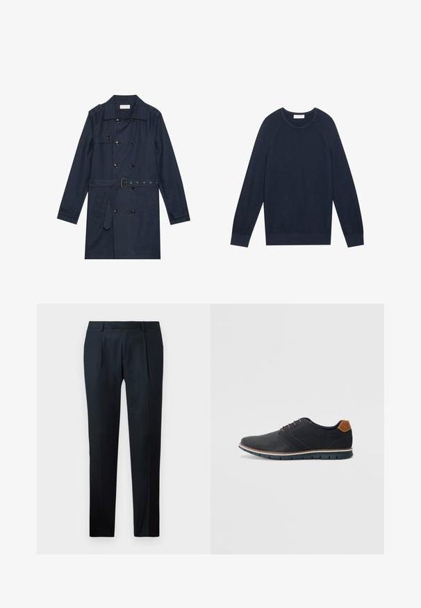 Casaco de trench navy em tecido leve, com fecho de botões duplos, cintura com cinto e dois bolsos laterais com detalhe em aba.; Pullover azul marinho, tecido de malha leve, gola redonda, punhos e barra canelados, com mangas raglan e uma textura subtil.; Calças pretas ajustadas, feitas de um tecido suave, com um design slim fit, duas pregas frontais e uma cintura plana sem fechos visíveis.; Sapatos sintéticos pretos com um upper texturizado, pormenores lisos, salto castanho e uma sola contrastante. Apresentam um sistema de atacadores mínimo e detalhes de costura.